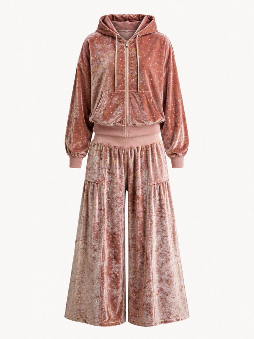 Grade & Gather Velvet Elevated Track Suit Hoodie, Flared Pants Pink w Gold Stars